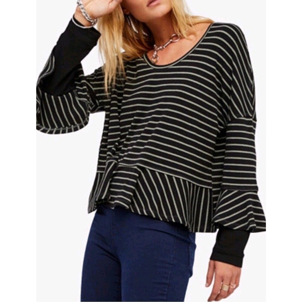 Free People We the Free Women's Round About Striped Black Top Size Large